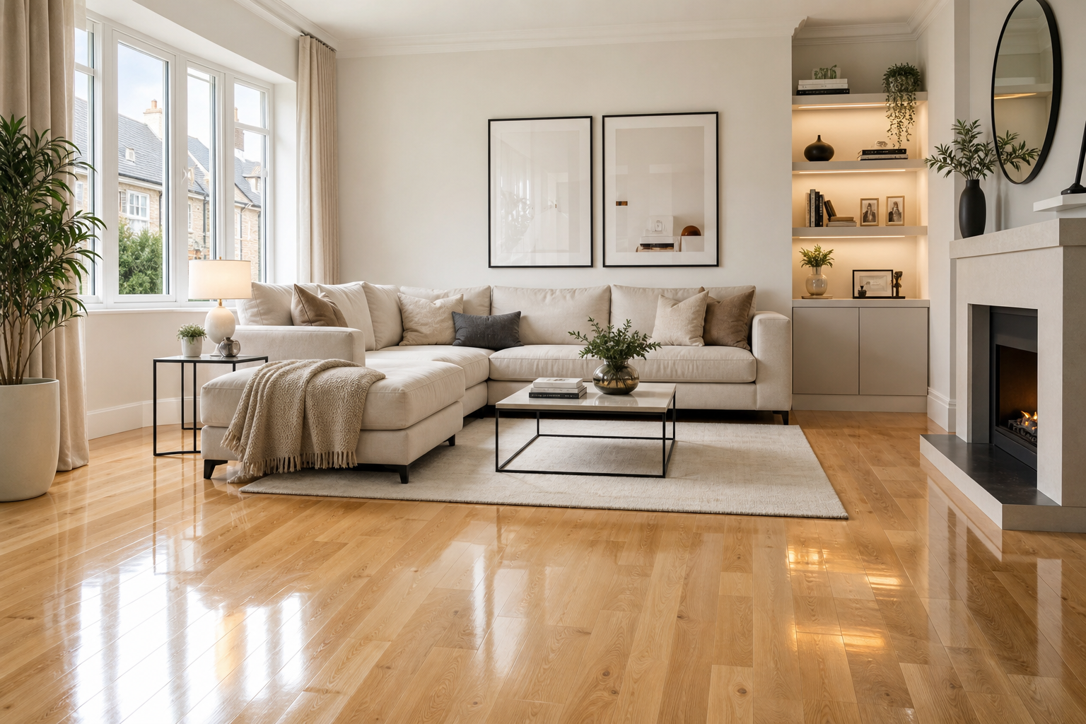 Bright modern living room with spotless floors, neutral furnishings, and sunlight highlighting polished surfaces