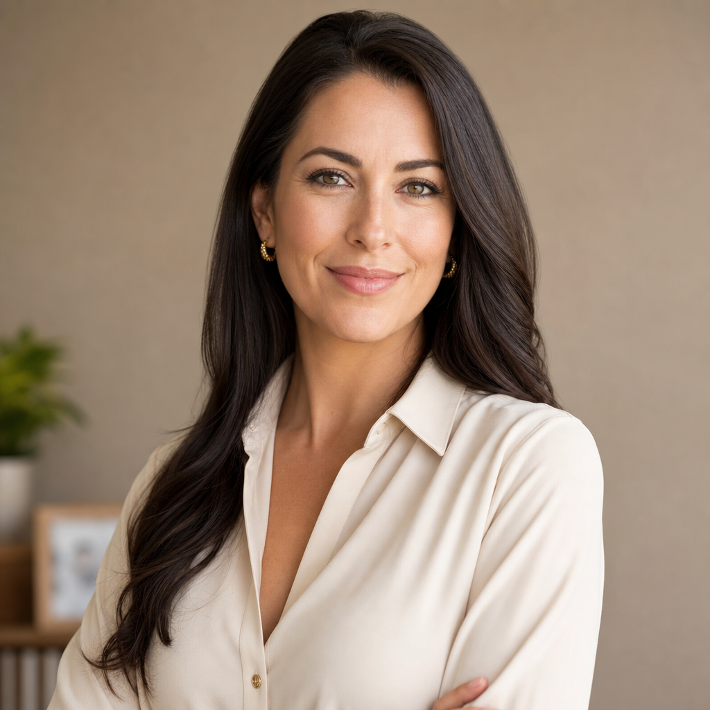 Portrait of Priya, a UK landlord with long dark hair wearing a cream blouse and gold earrings