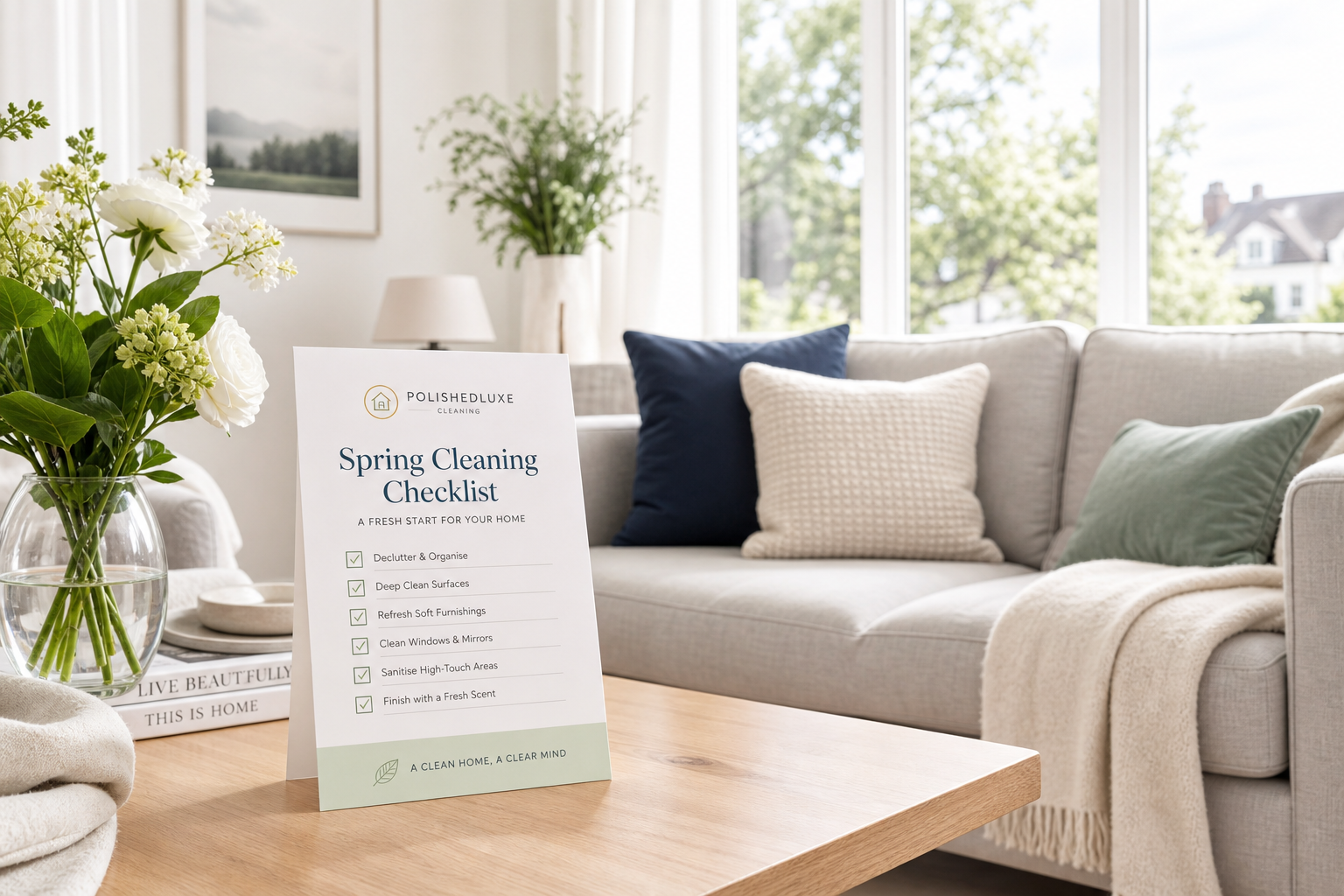 Bright UK living room with a folded spring cleaning checklist, fresh flowers, and neat surfaces