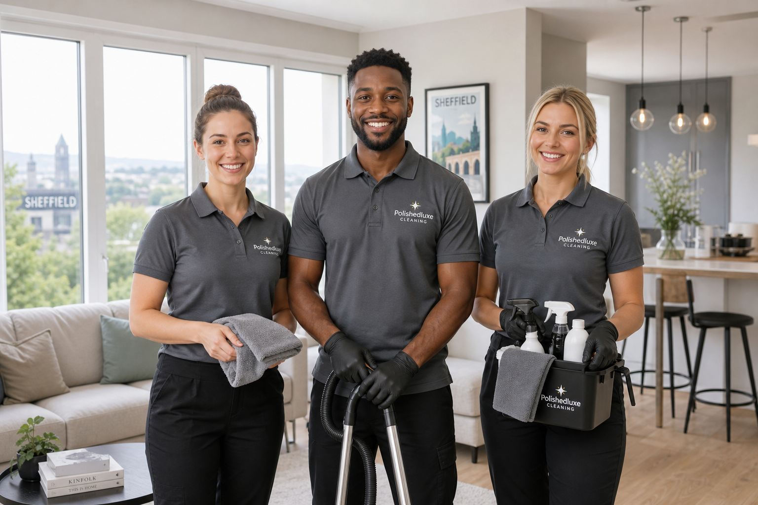 Smiling professional cleaning team in modern uniforms standing in a bright Sheffield home