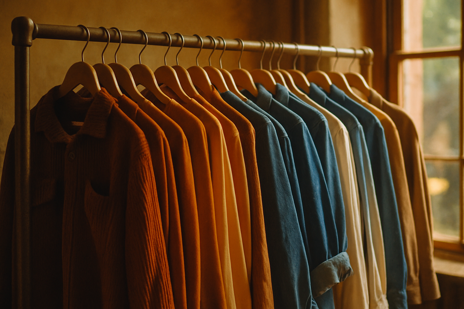 Warm film-style photo of a vintage boutique rack with rust, amber, and denim pieces on wooden hangers