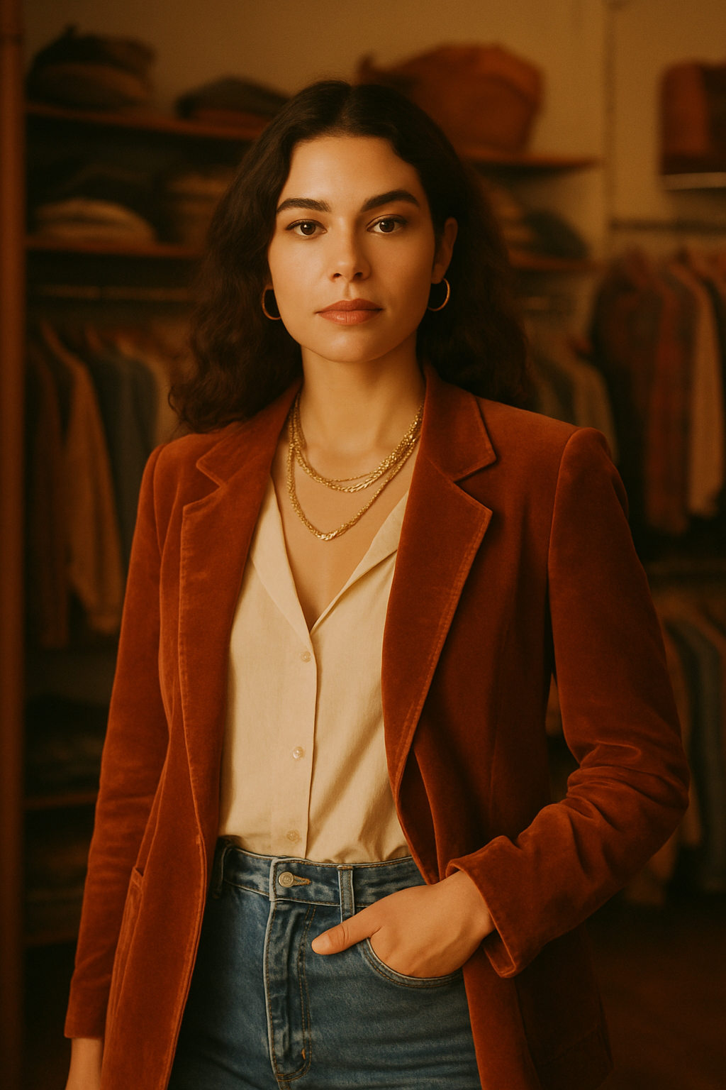 Warm film-style portrait of a stylish young woman wearing a rust velvet blazer, high-waisted denim, and layered gold jewelry in a vintage boutique setting