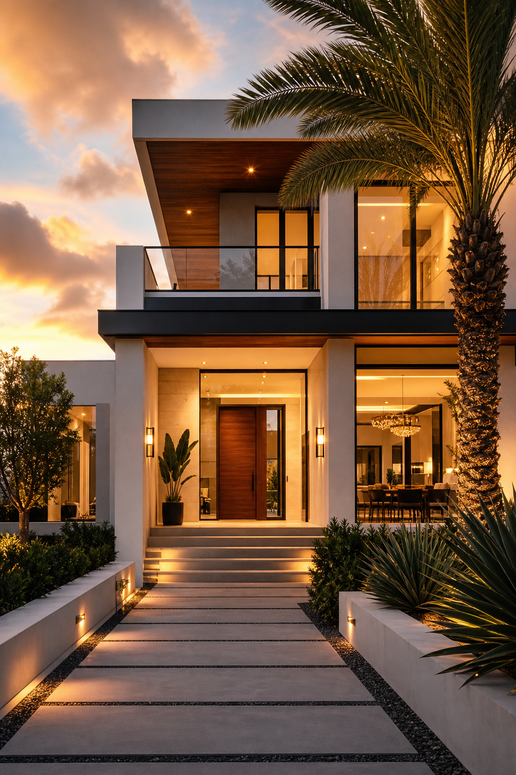 Refined modern Miami residence with clean lines, warm exterior lighting, landscaped entry, and premium architectural details