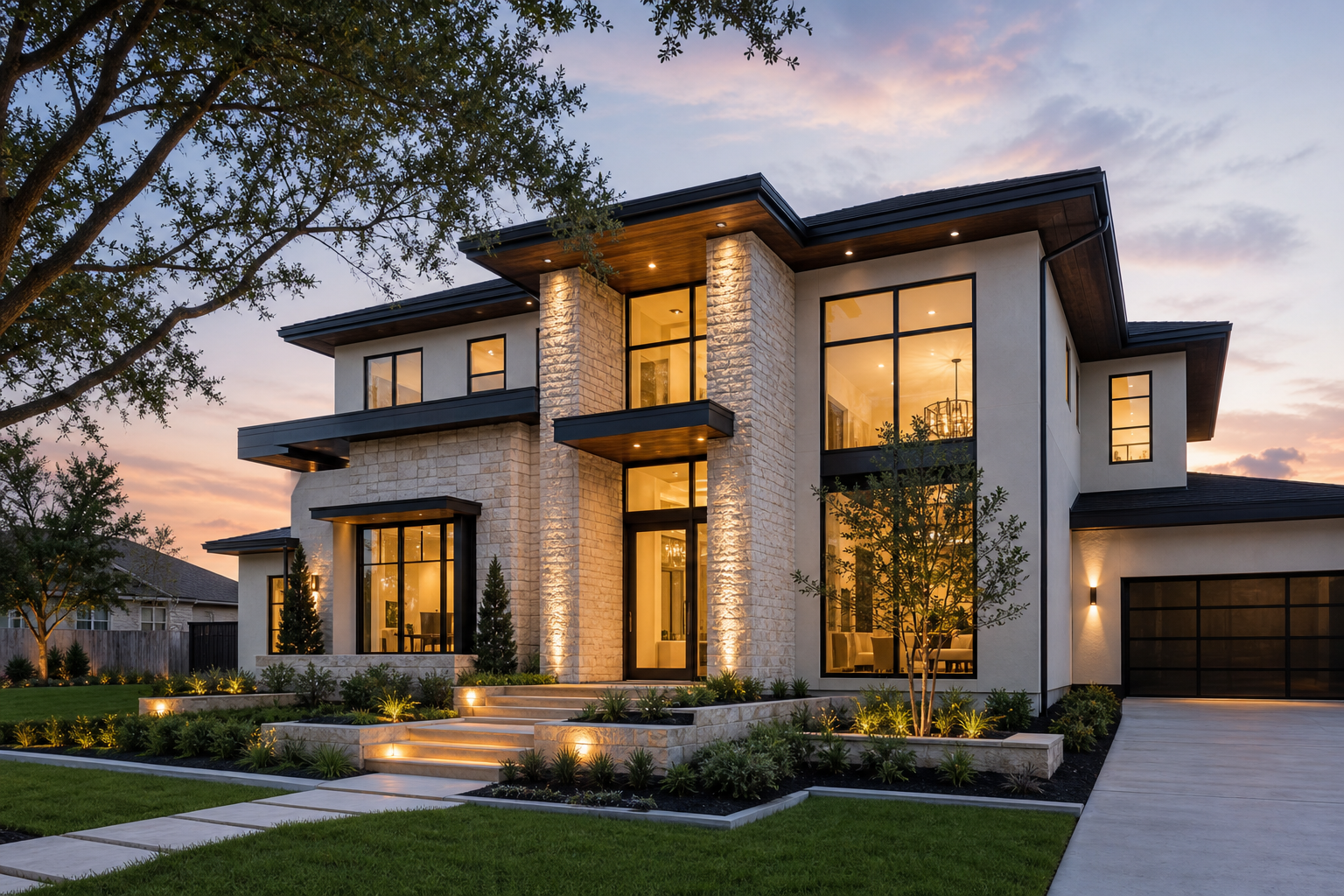 Two-story contemporary custom home with warm exterior lighting, tall windows, and clean architectural lines at dusk