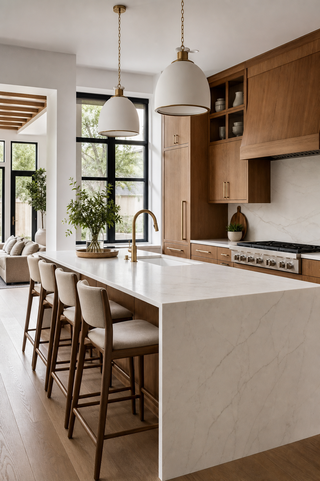 Premium interior remodeling detail with custom cabinetry, stone surfaces, and warm natural light