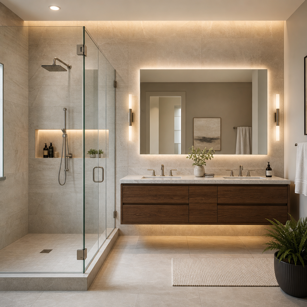 Spa-style bathroom renovation with frameless glass shower, stone tile walls, and floating vanity