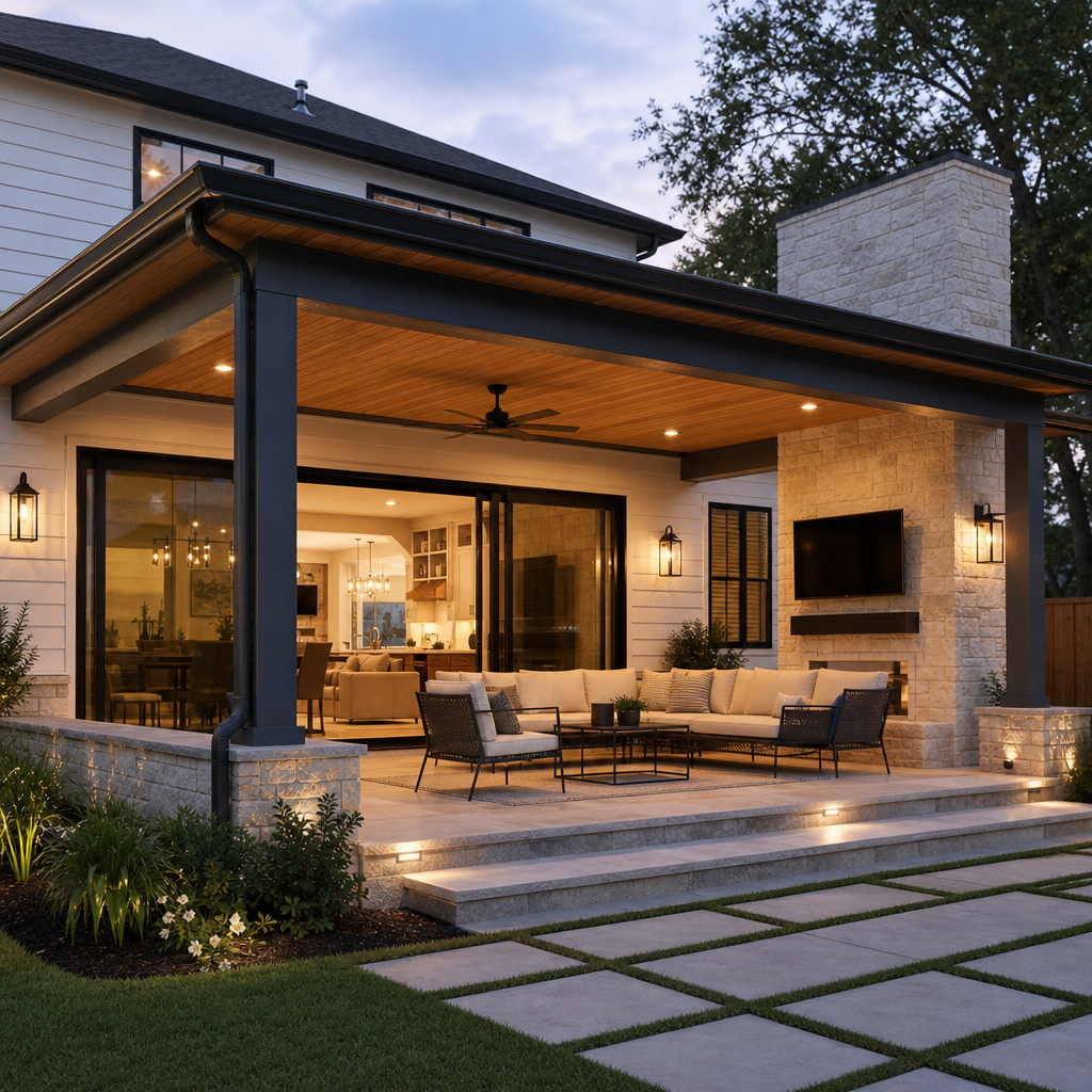 Refined exterior improvement with covered patio extension, cedar soffit accents, and updated facade materials