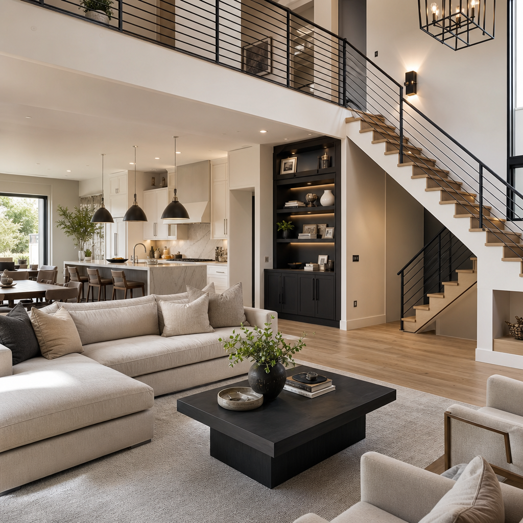 Open-plan interior update featuring custom millwork, wide-plank flooring, and modern staircase details