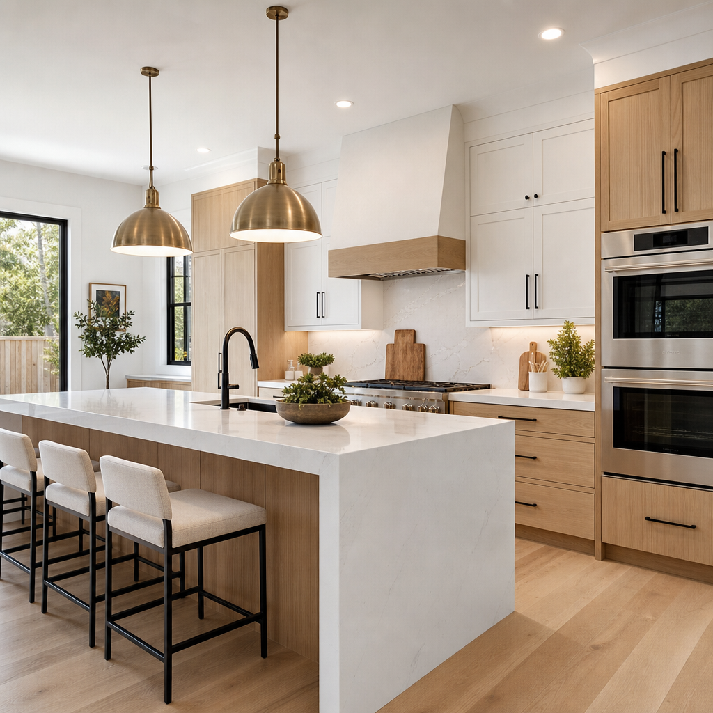 Premium kitchen remodel with white oak cabinetry, quartz waterfall island, and matte black fixtures
