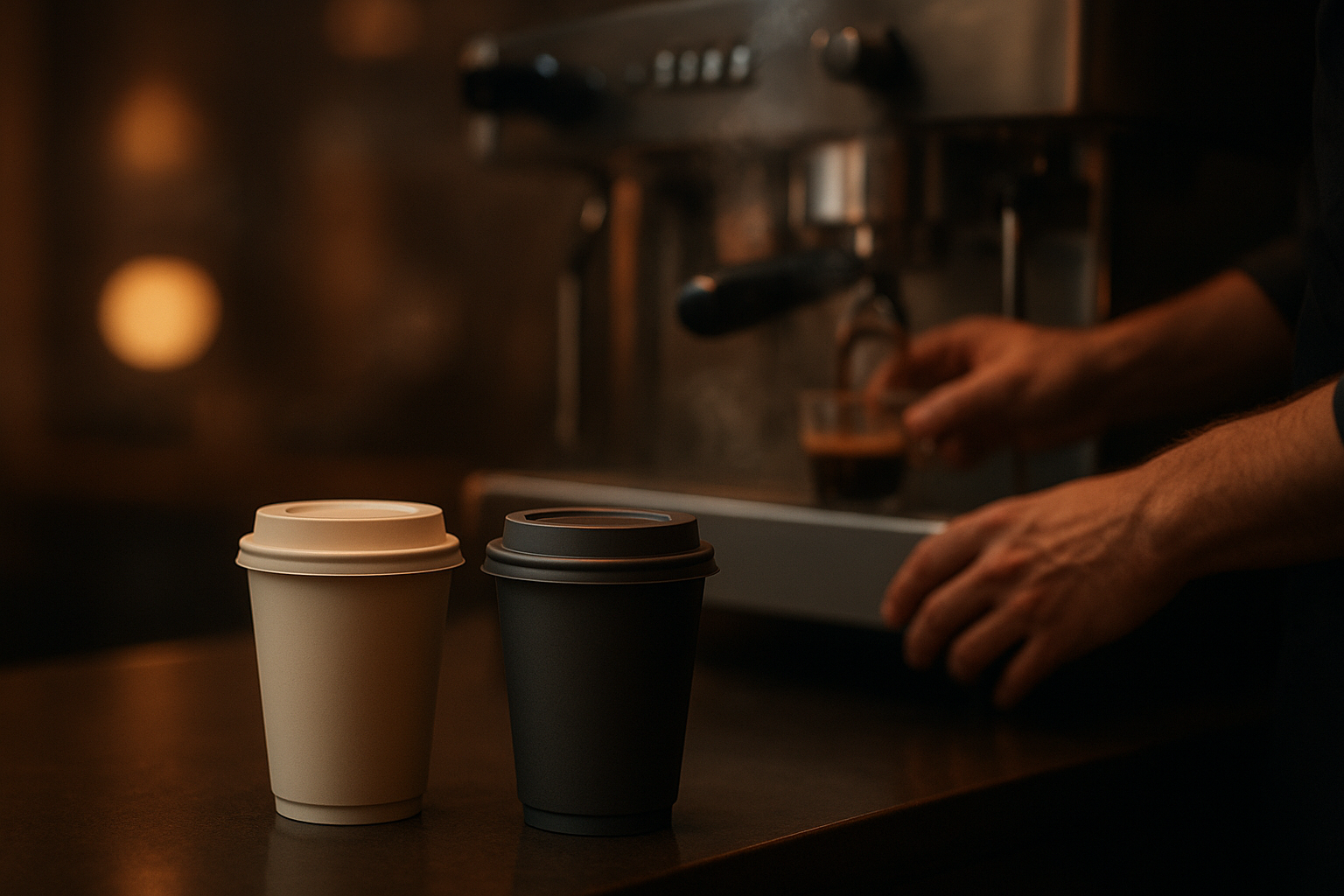 Warm cinematic scene of takeaway coffee cups being prepared at a modern cafe counter