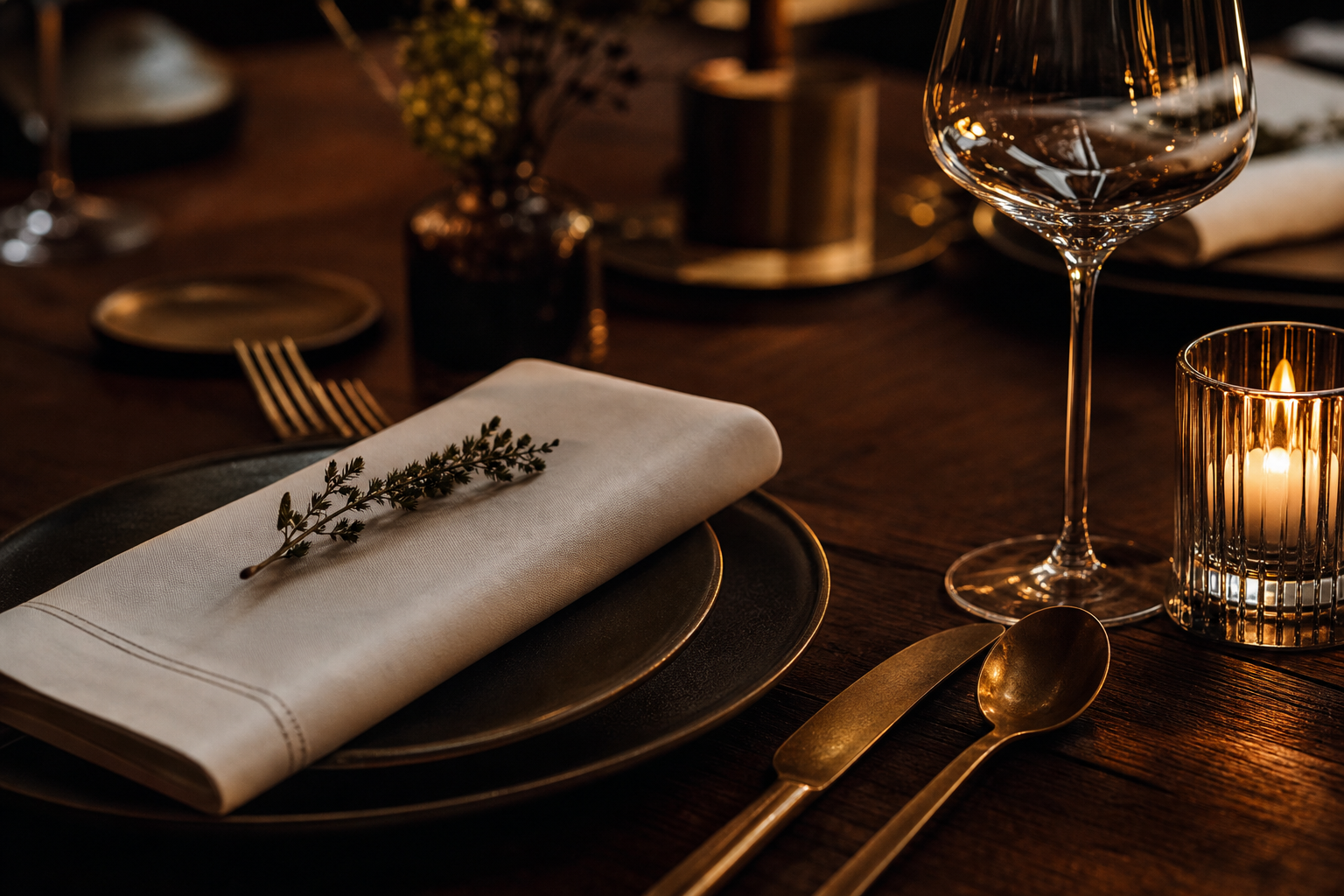 Ambient table setting with linen napkin, polished stemware, brushed brass cutlery, and soft candle glow
