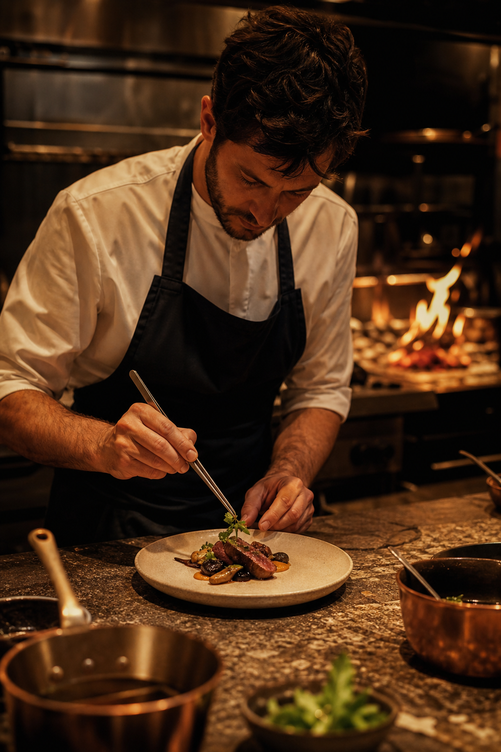 Warm editorial portrait of the head chef plating a seasonal dish beside an open flame in a dimly lit fine-dining kitchen
