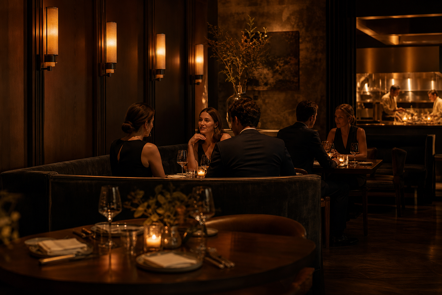 Candlelit fine-dining room with walnut tables, amber wall sconces, and guests seated in intimate conversation