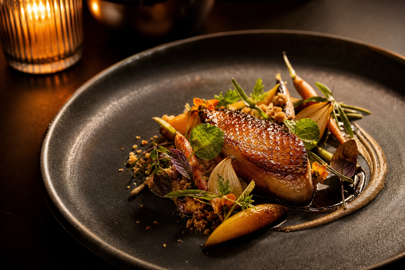 Artfully plated signature fine-dining dish with seasonal ingredients under warm moody restaurant lighting