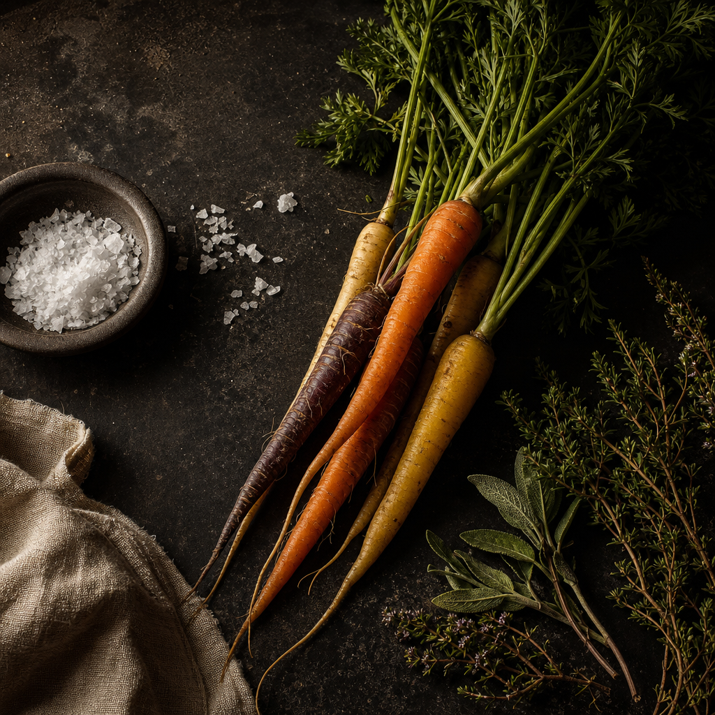 Seasonal ingredient close-up of heirloom carrots, wild herbs, and sea salt crystals on dark stone