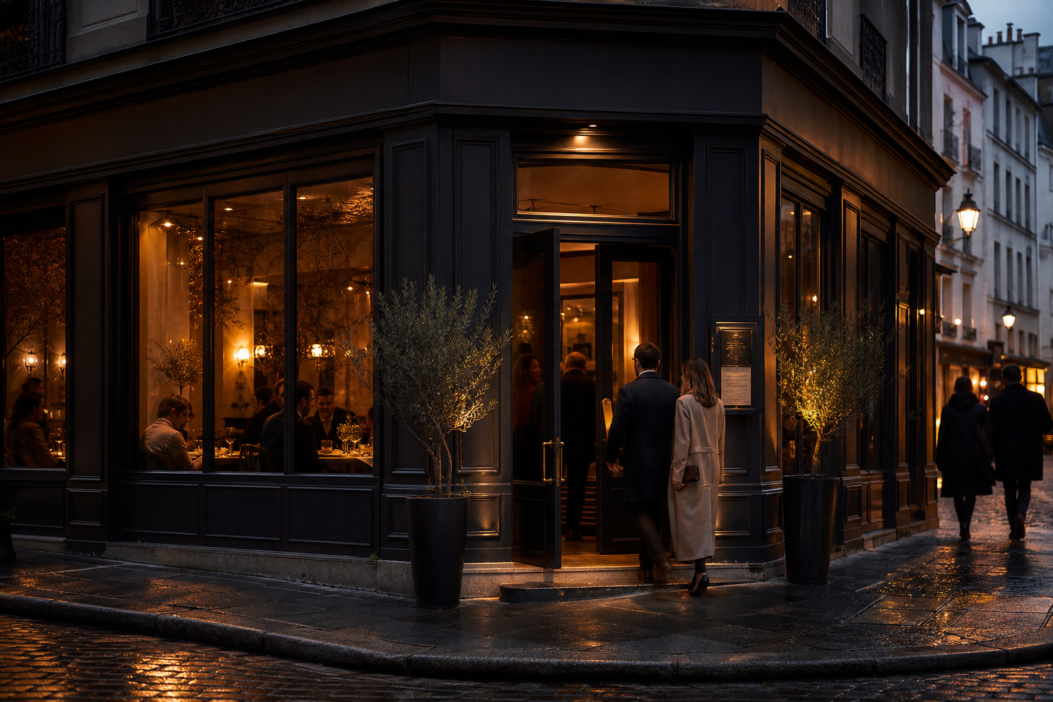 Moody evening exterior of a fine-dining restaurant on a softly lit city street with warm interior glow