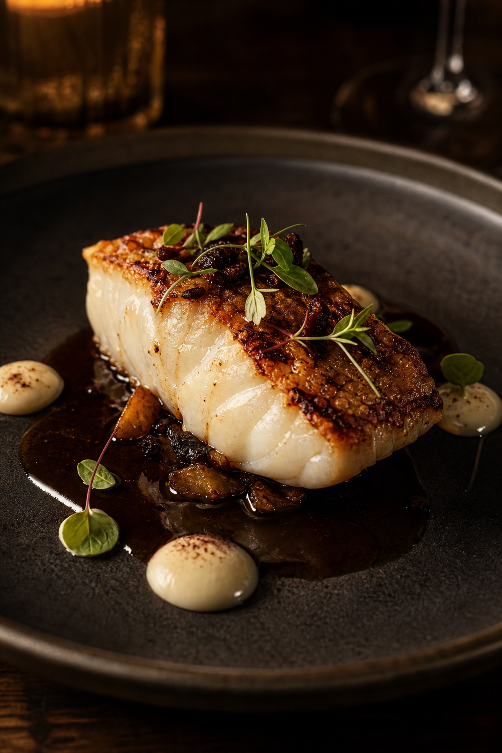 Close plated tasting course with seared fish, glossy reduction, and micro herbs on matte ceramic