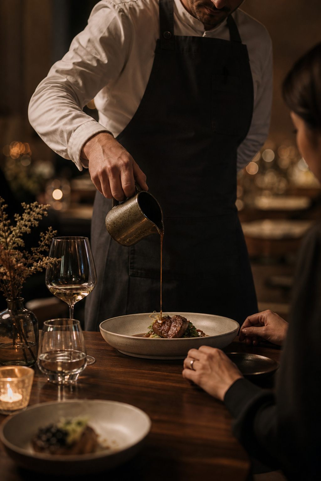 Server in a charcoal apron pouring sauce tableside with precise, attentive movement