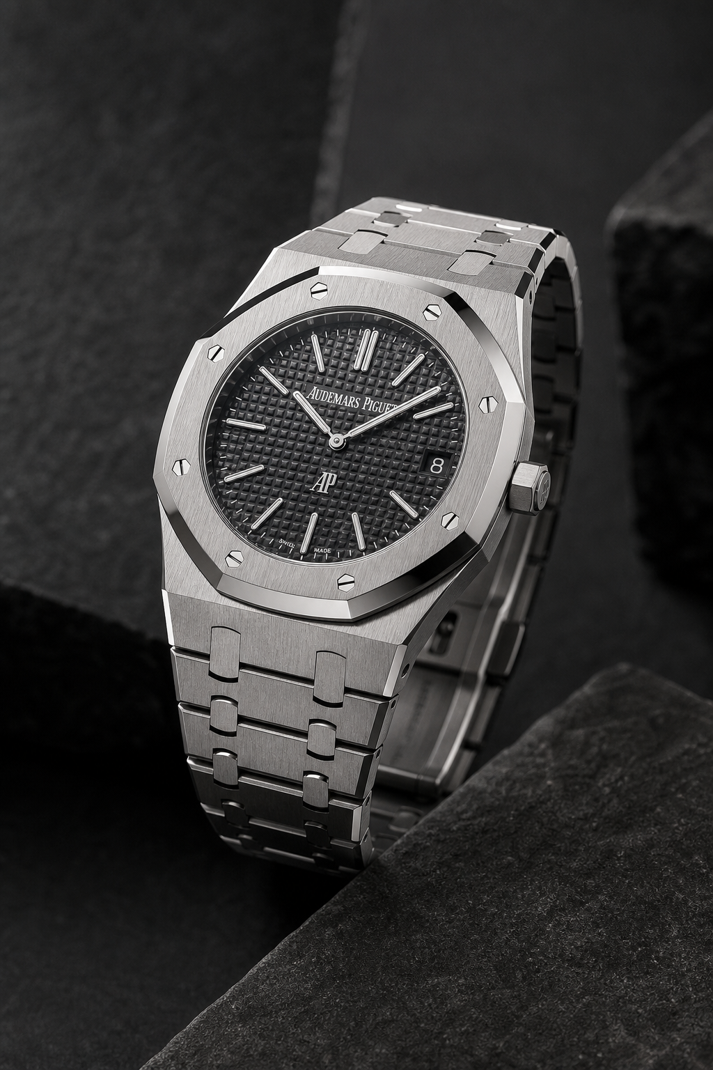Audemars Piguet Royal Oak stainless steel watch with octagonal bezel and tapisserie dial in clean editorial light