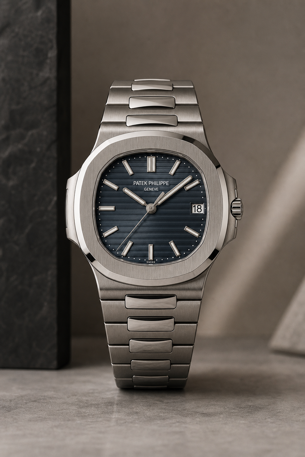 Patek Philippe Nautilus steel luxury sports watch with integrated bracelet photographed on a neutral backdrop