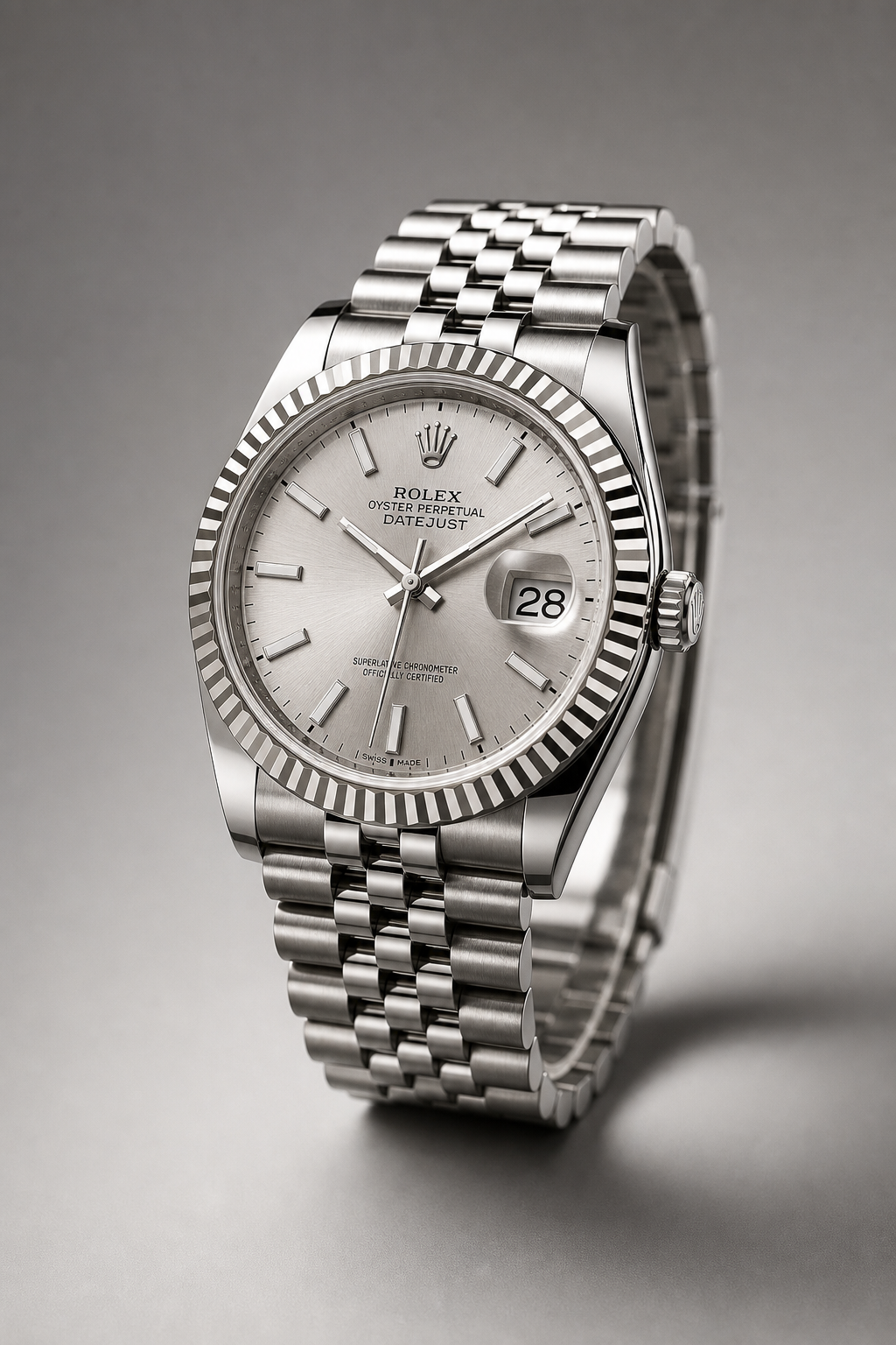 Rolex Datejust stainless steel watch with fluted bezel and jubilee bracelet in soft studio lighting