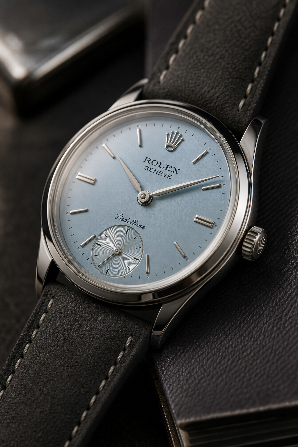Light-blue dial Rolex Padellone on strap with close-up view of case and lugs