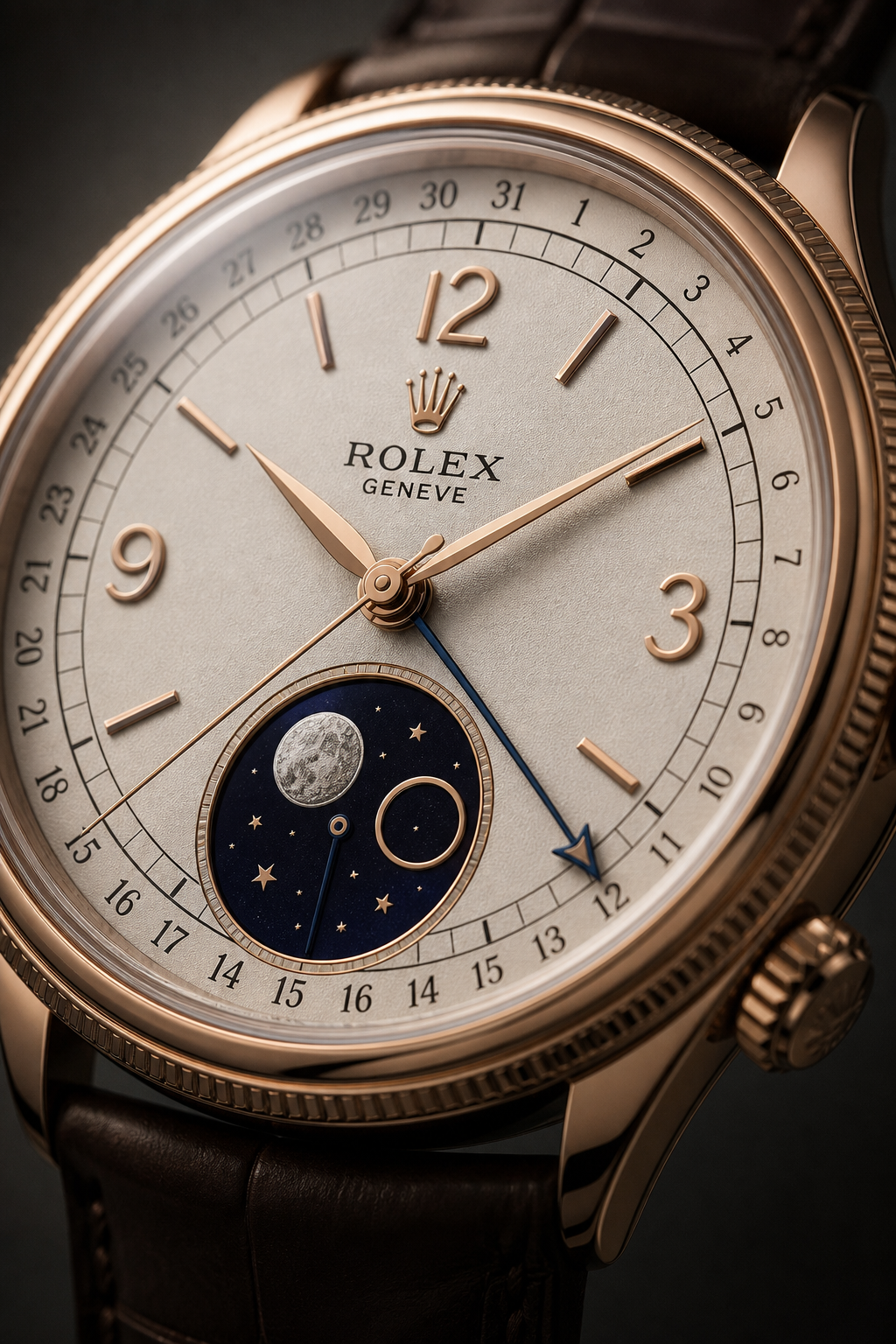 Rose-gold Rolex Padellone dial close-up showing calendar and moonphase detail
