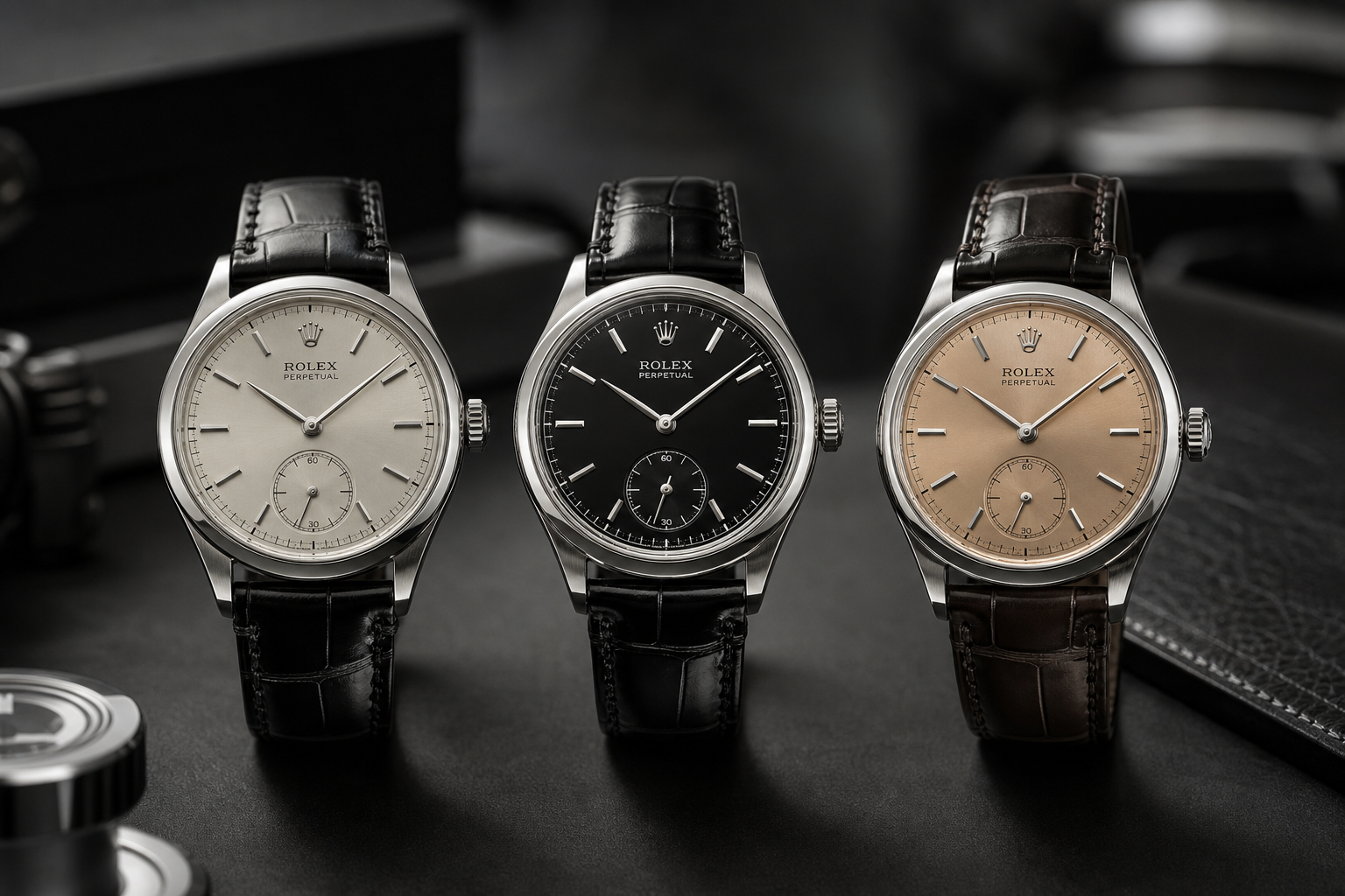 Three Rolex Perpetual Padellone watches arranged side by side with contrasting dial tones