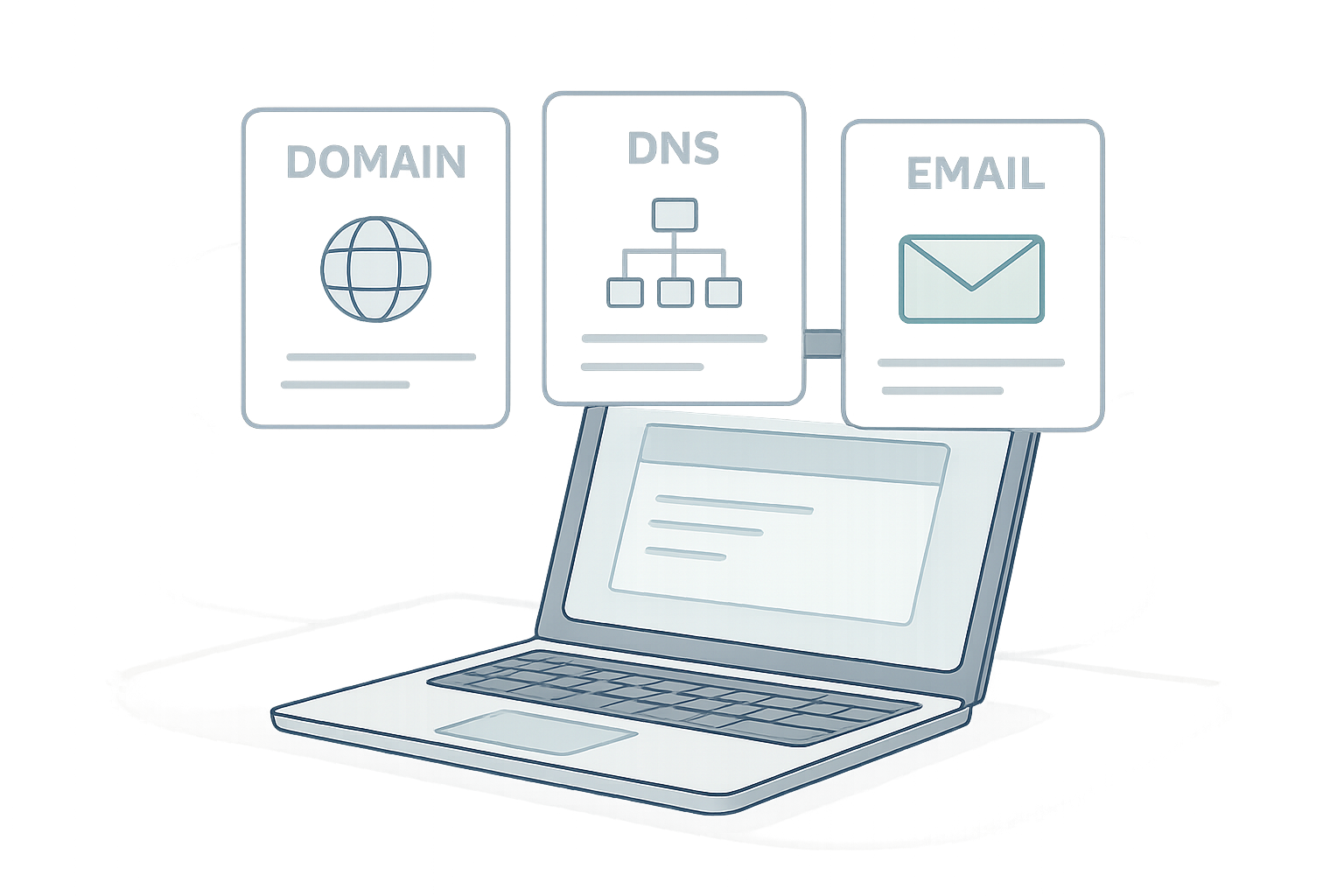 Minimal tech illustration showing a laptop and floating interface cards for domain, DNS, and email setup