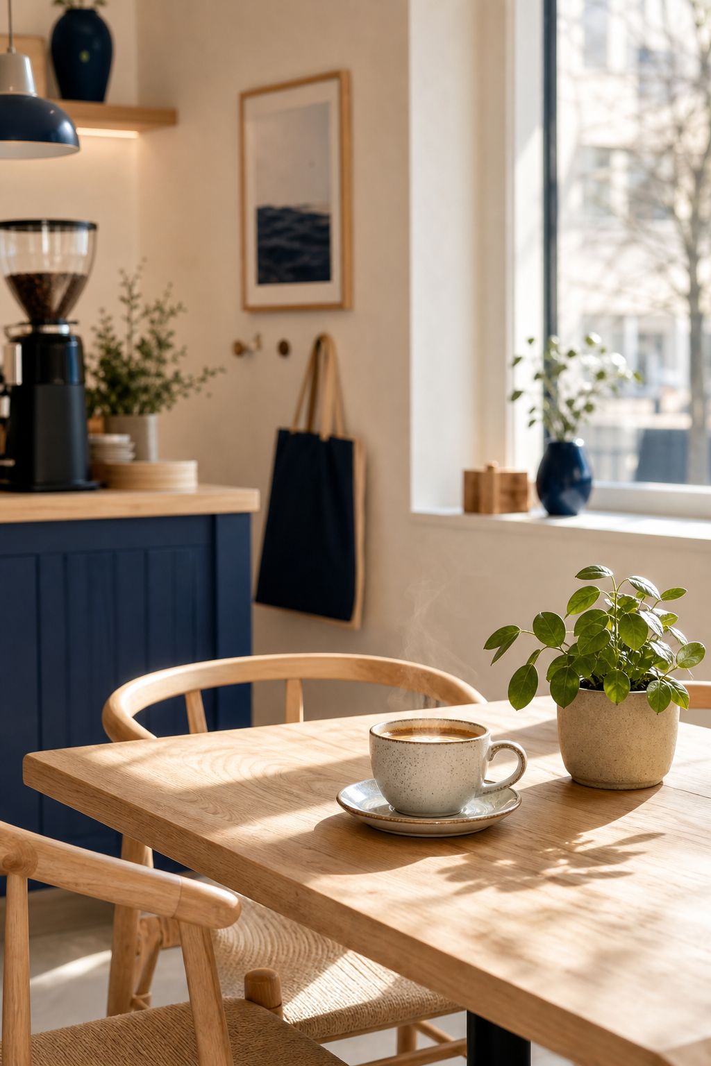 Sunlit corner of North Dock Coffee with light wood tables and a steaming cup of coffee