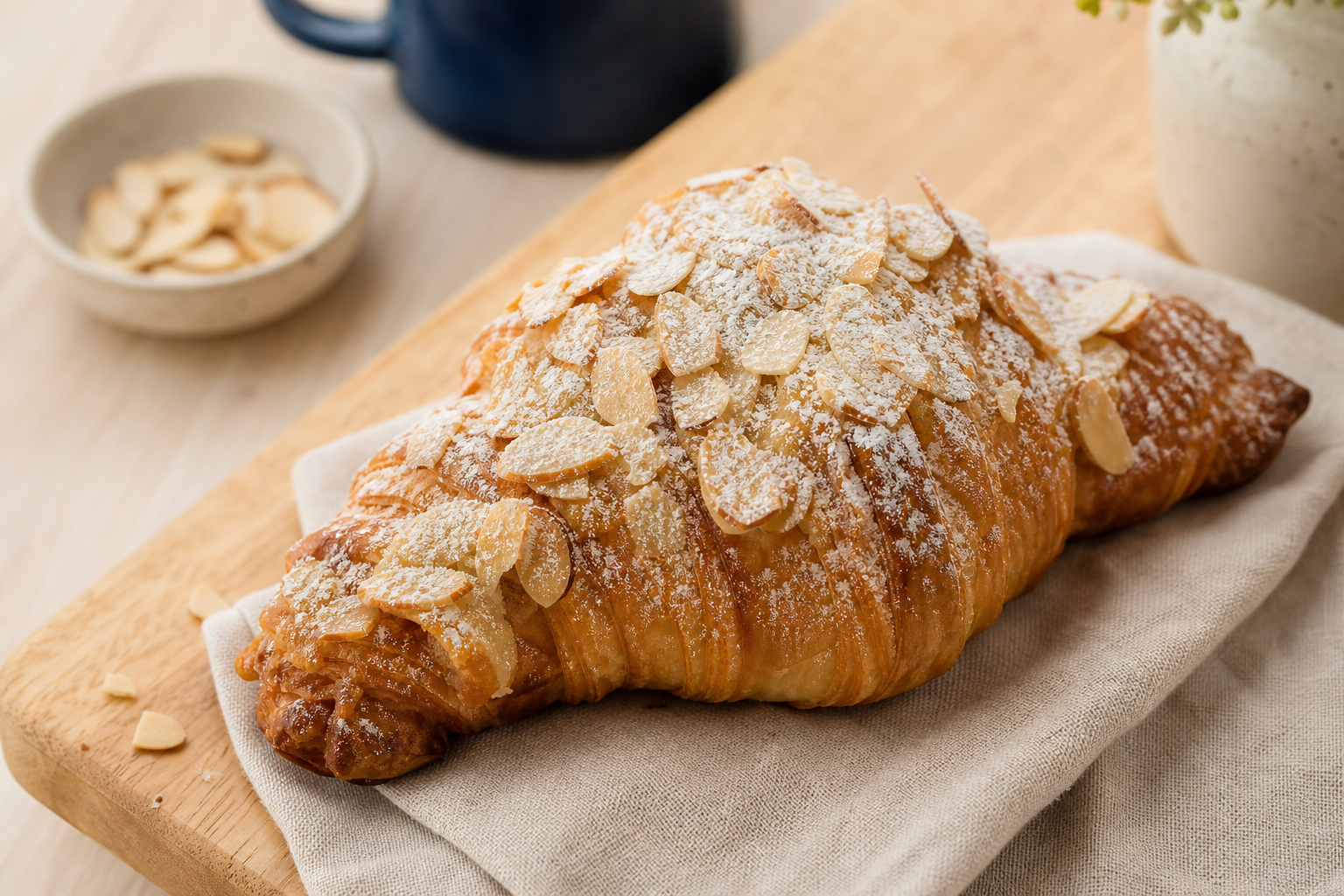 Golden almond croissant topped with sliced almonds on a light wood board