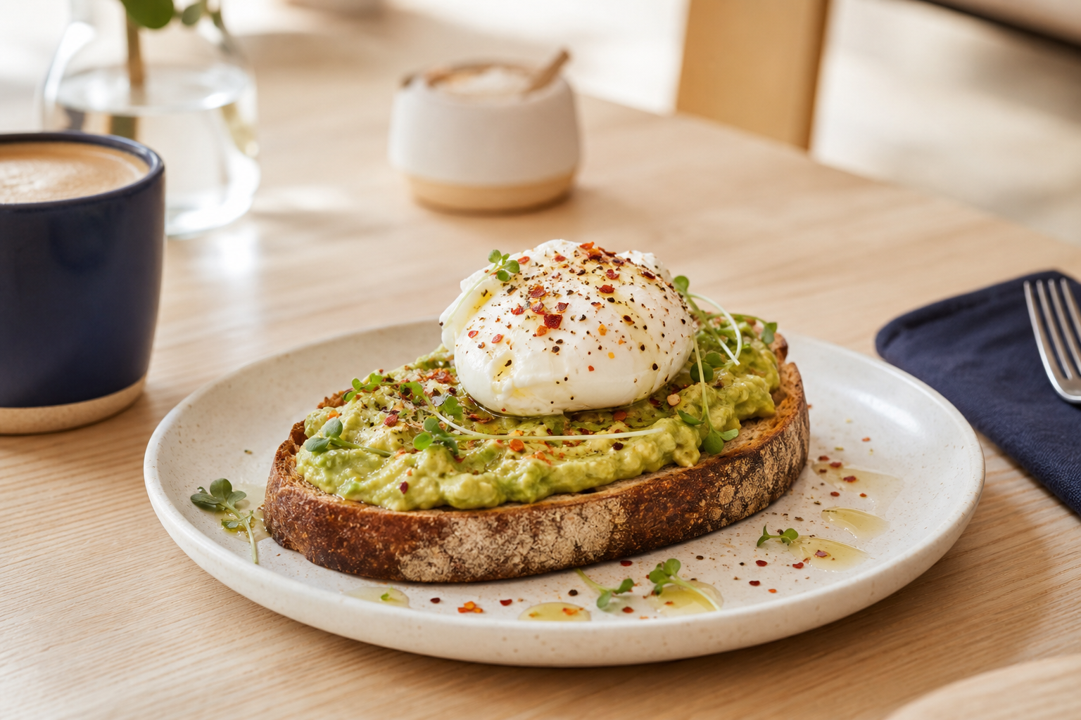 Avocado sourdough toast topped with a soft egg and chili flakes on a light plate