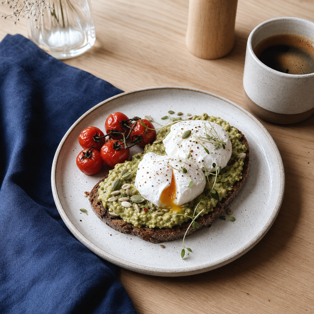 Rustic breakfast plate with eggs and avocado toast on a light wood table