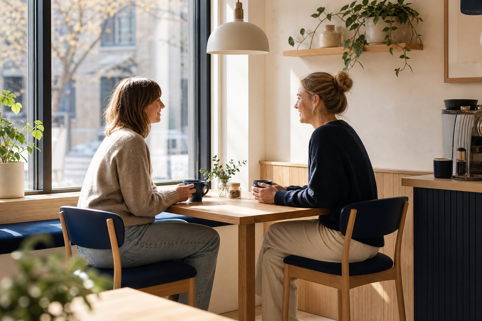 Two customers chatting calmly by the window with coffee cups in soft morning light