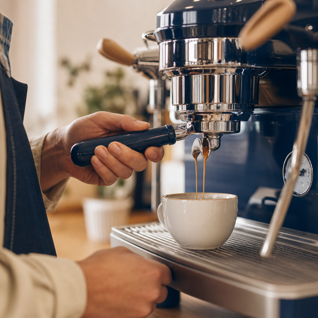 Close-up of barista hands pulling an espresso shot on a chrome machine