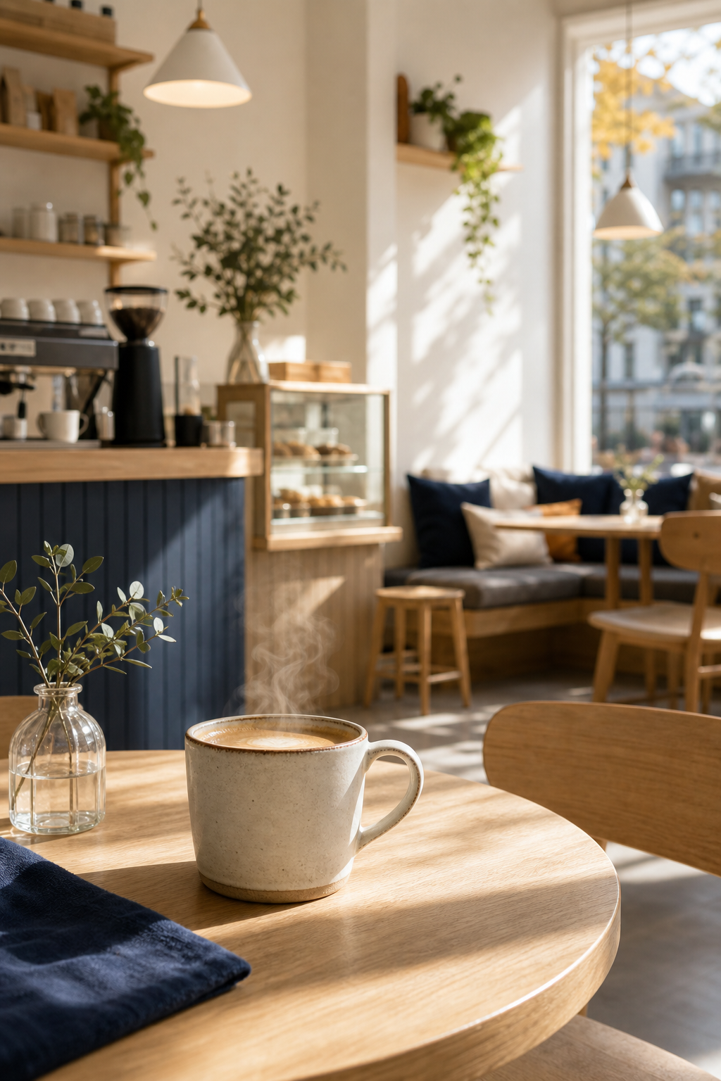 Bright Scandinavian-style cafe interior with light wood tables and a warm cup of coffee