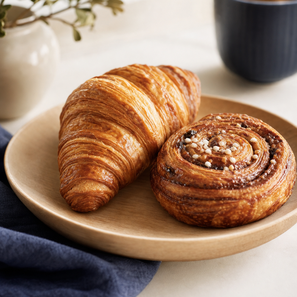 Close-up of a fresh flaky croissant on a light wooden plate