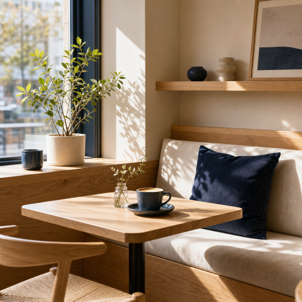 Cozy cafe reading nook with light wood furniture and soft morning light
