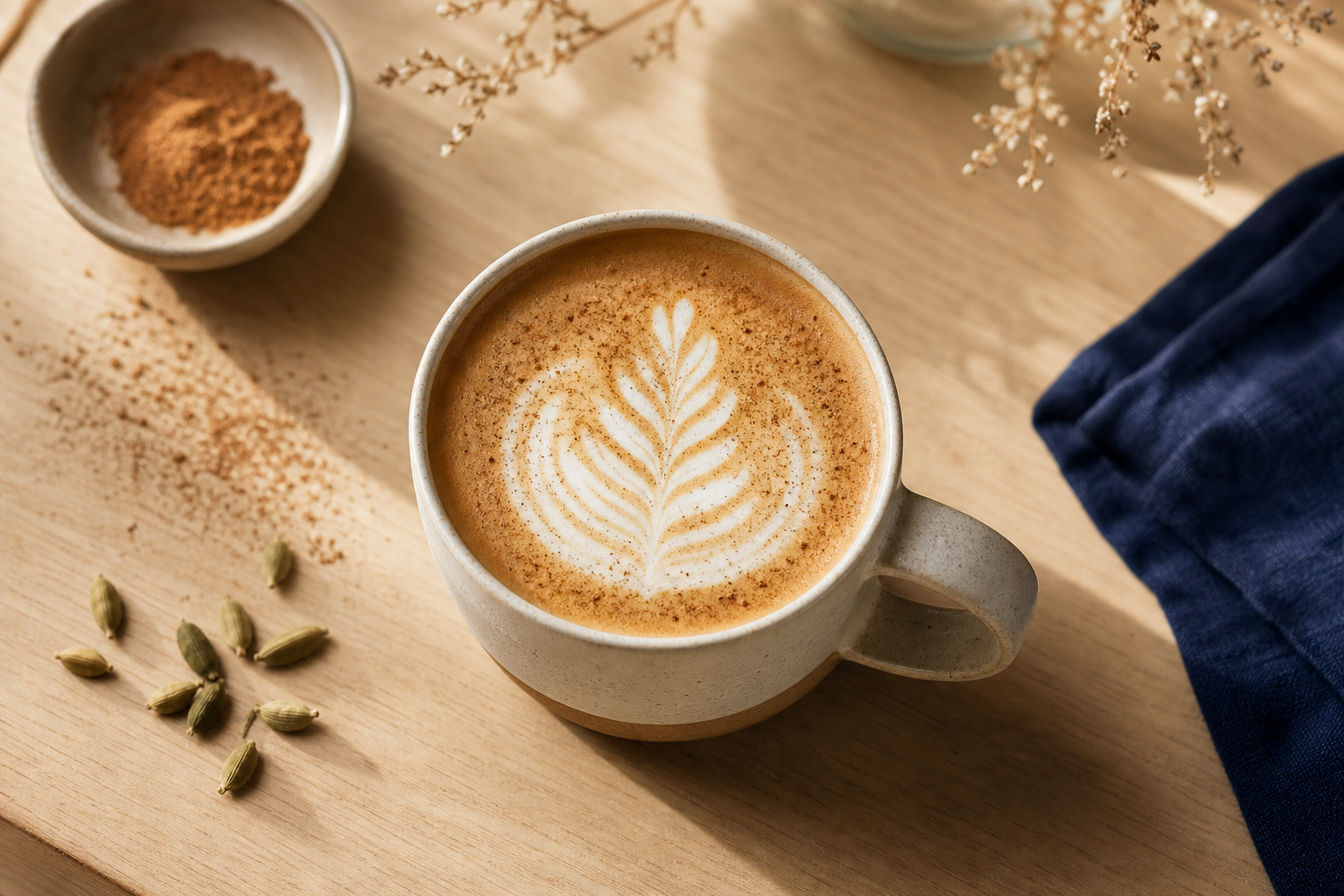 Maple Cardamom Latte with latte art in a ceramic mug on a wooden table