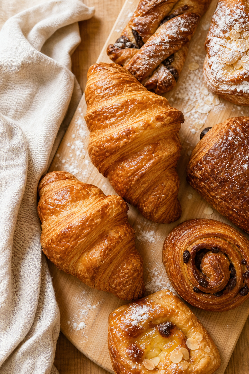 Close-up of flaky golden croissants and pastries stacked on a wooden board