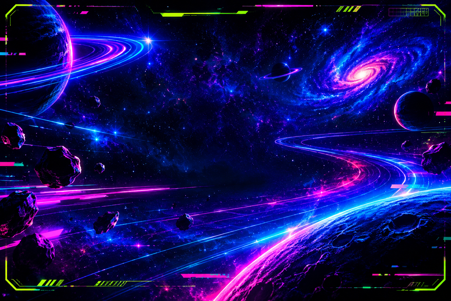 Wide cosmic placeholder scene with neon starfields and futuristic launch energy for future hero banner artwork