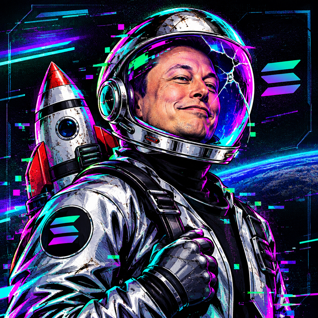 Compact comic portrait of Quantum Elon as a ridiculous space-traveler meme icon with a chrome helmet, neon visor glitches, and a toy rocket