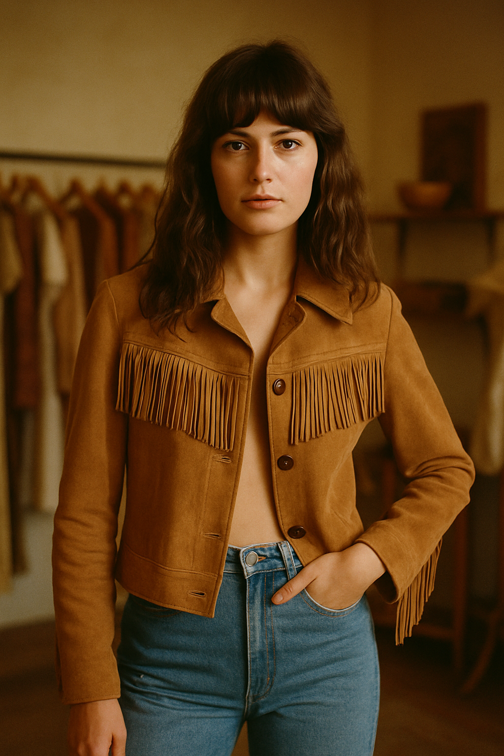Editorial portrait of a vintage fashion model in a 70s-inspired suede jacket and high-waist denim, warm analog film aesthetic