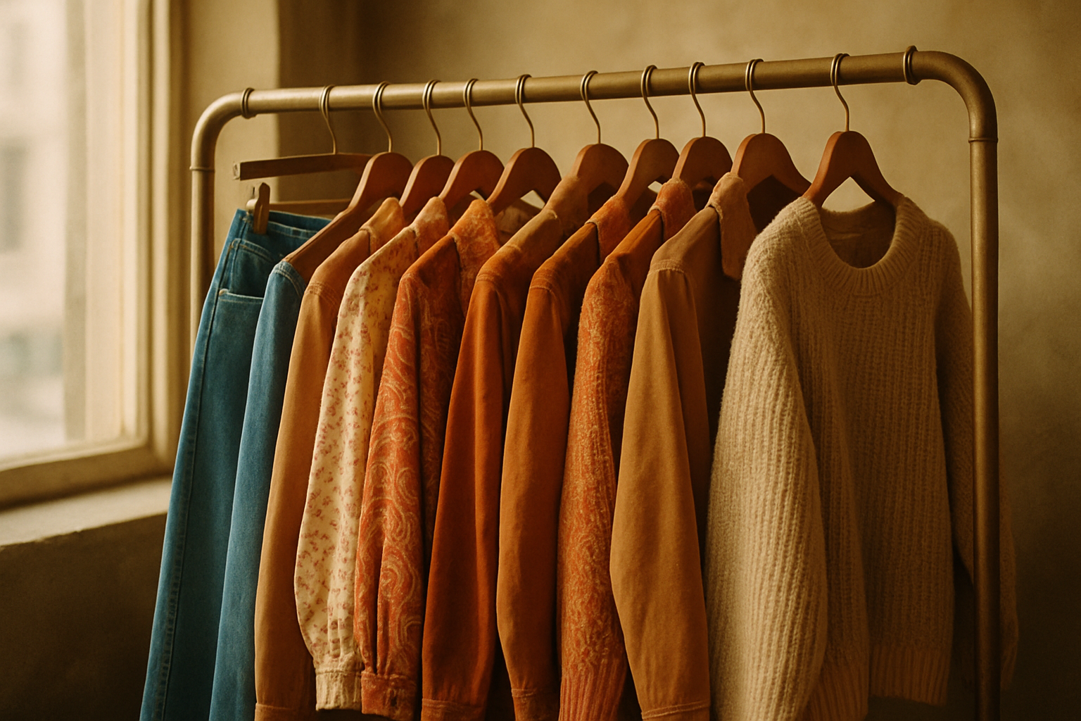 Warm film-style photo of a vintage clothing rack with 70s and 80s pieces, textured fabrics, and sun-faded tones