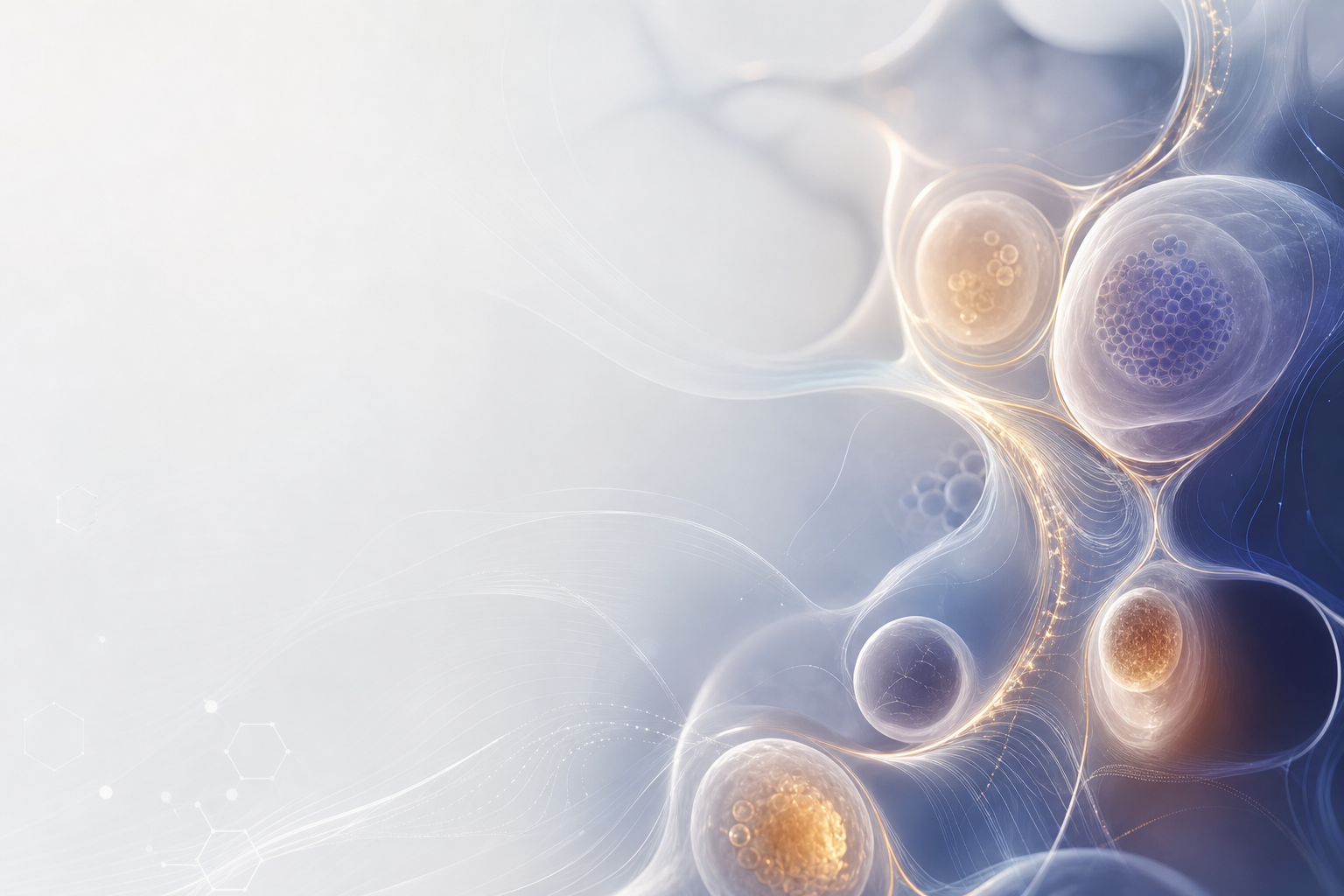 Abstract scientific visual field with premium biotech gradients, cellular energy flow, and restrained metabolic linework