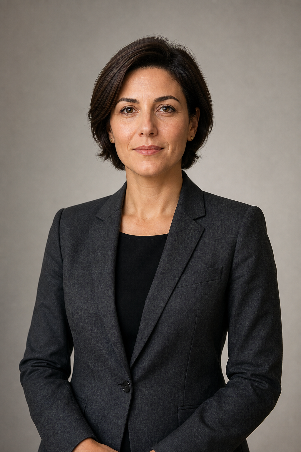 Formal studio portrait of a female biotechnology executive with short dark hair in a charcoal blazer