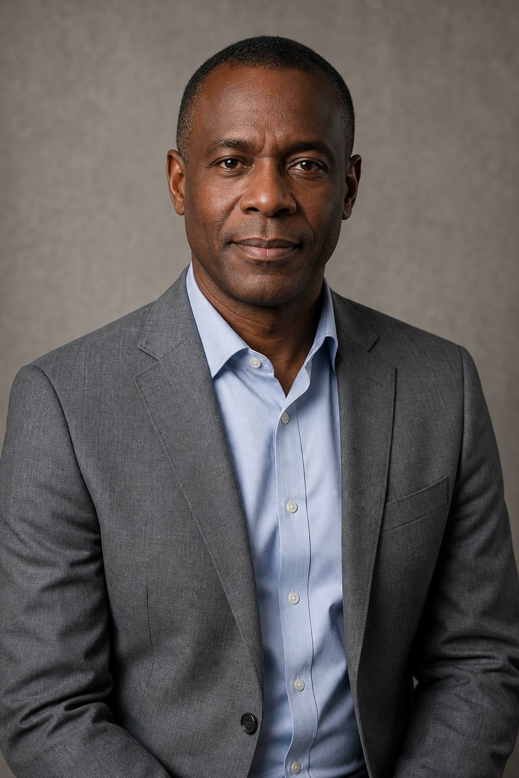 Professional portrait of a Black male bioenergetics scientist with close-cropped hair and a gray suit