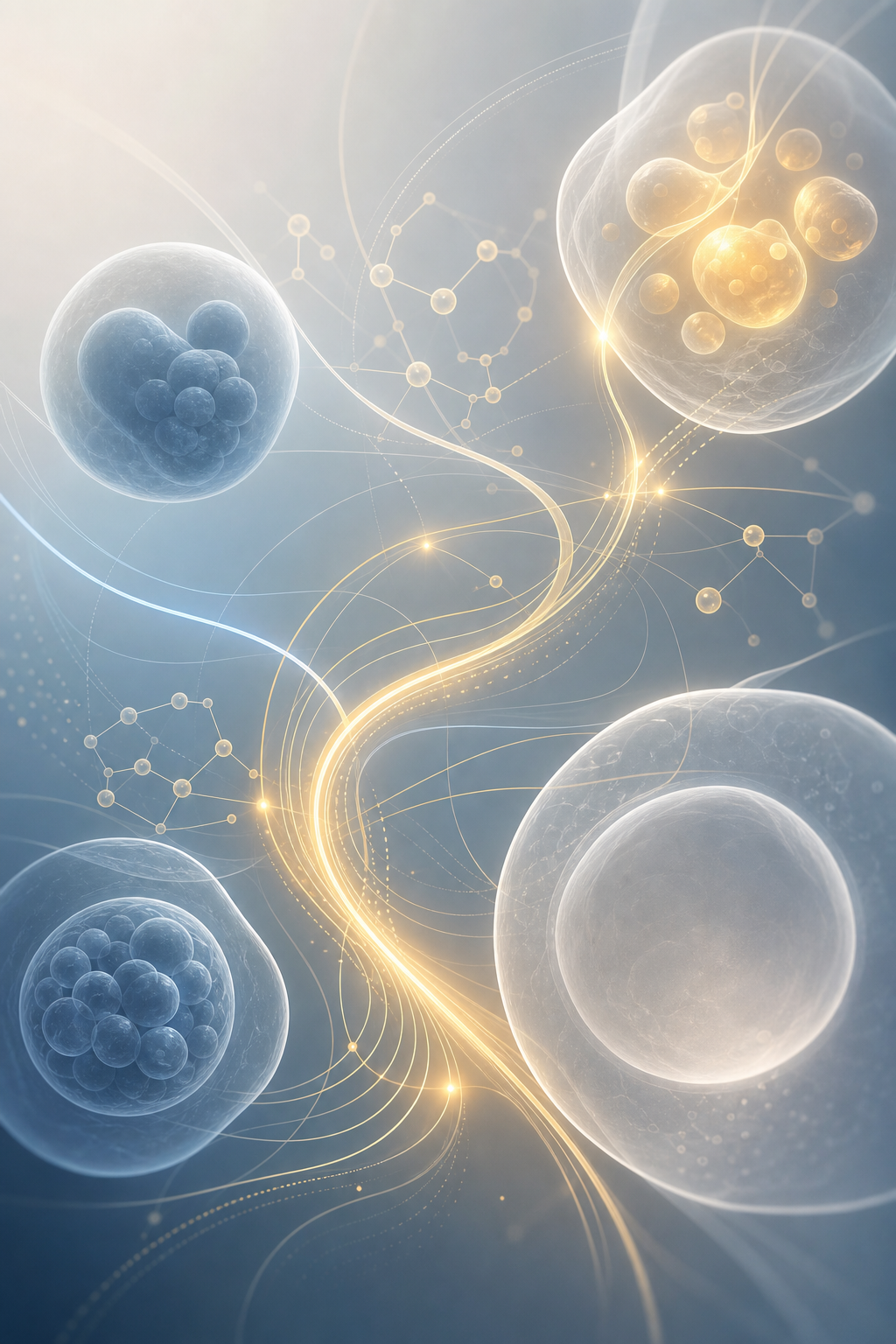 Abstract biotech visualization of conceptual metabolic pathways with soft cellular geometry and subtle energy-flow motifs