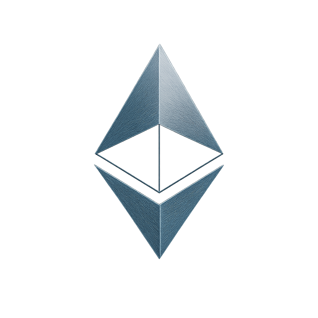 Ethereum logo in a metallic silver diamond glyph with soft blue accents