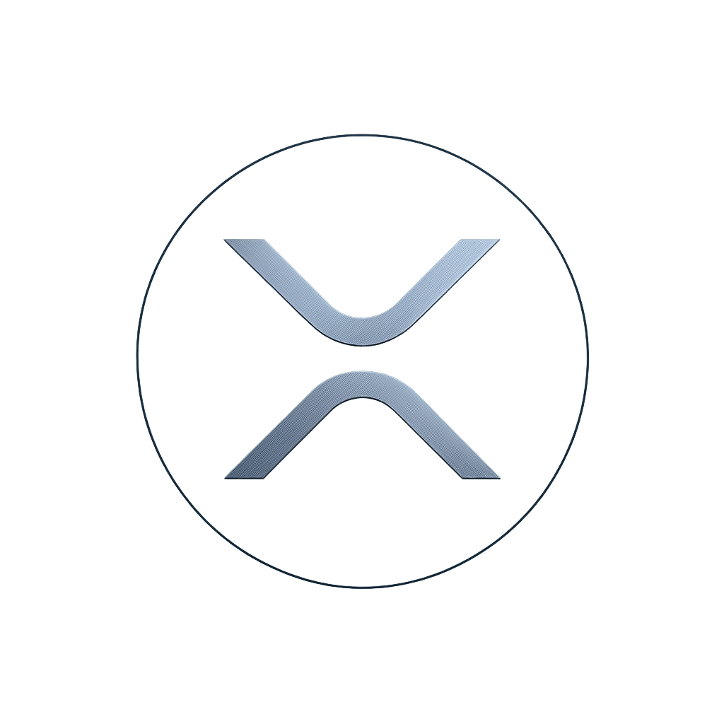 XRP logo with a sleek silver X-shaped emblem on a dark circular badge